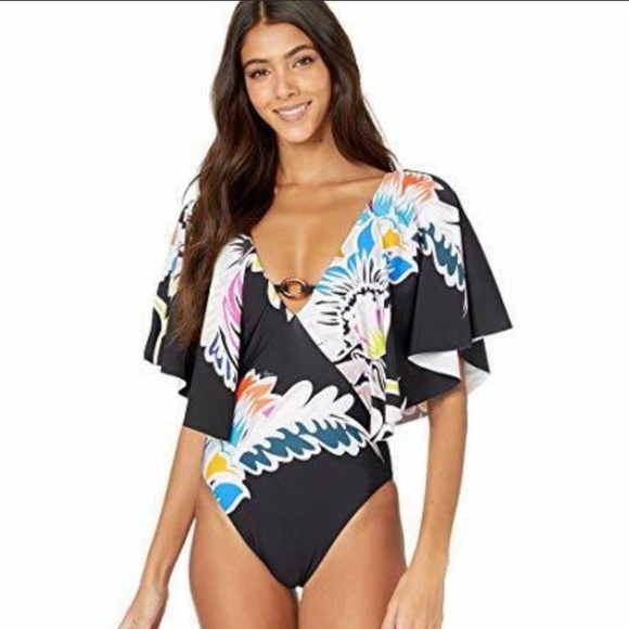 New Trina Turk Flutter Sleeve Plunge One Piece - Picture 3 of 7